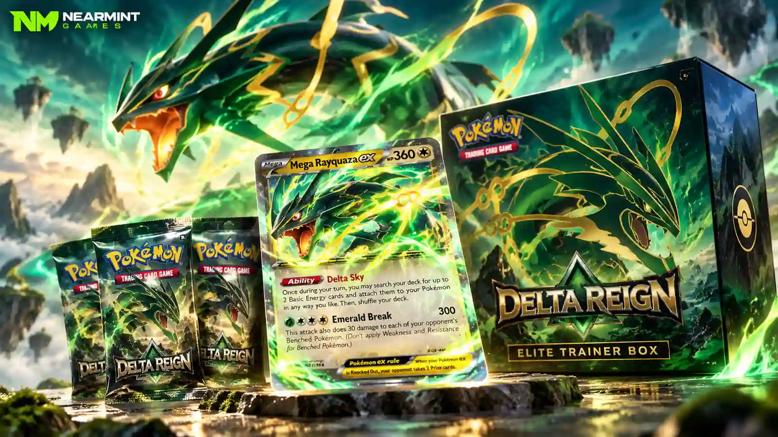 Mega Rayquaza ex from the Pokémon TCG Delta Reign expansion